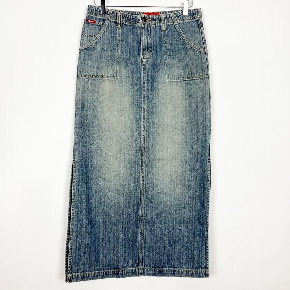 Union Bay Denim Maxi Skirt Women's Size 7 Medium Blue Wash Side Slits Y2K